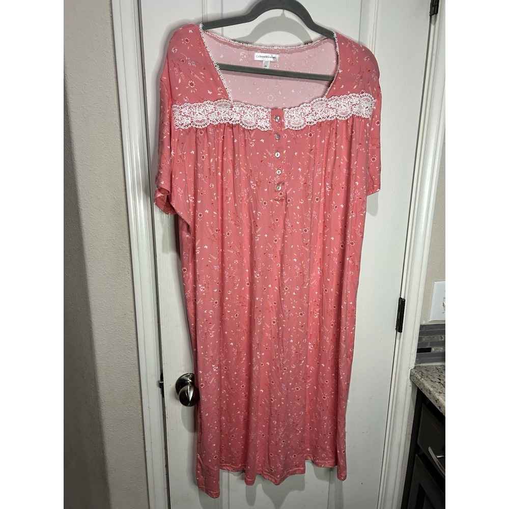 Women 2X CATHERINE MALANDRINO Nightgown CORAL PINK FLORAL Cottage Butterfly